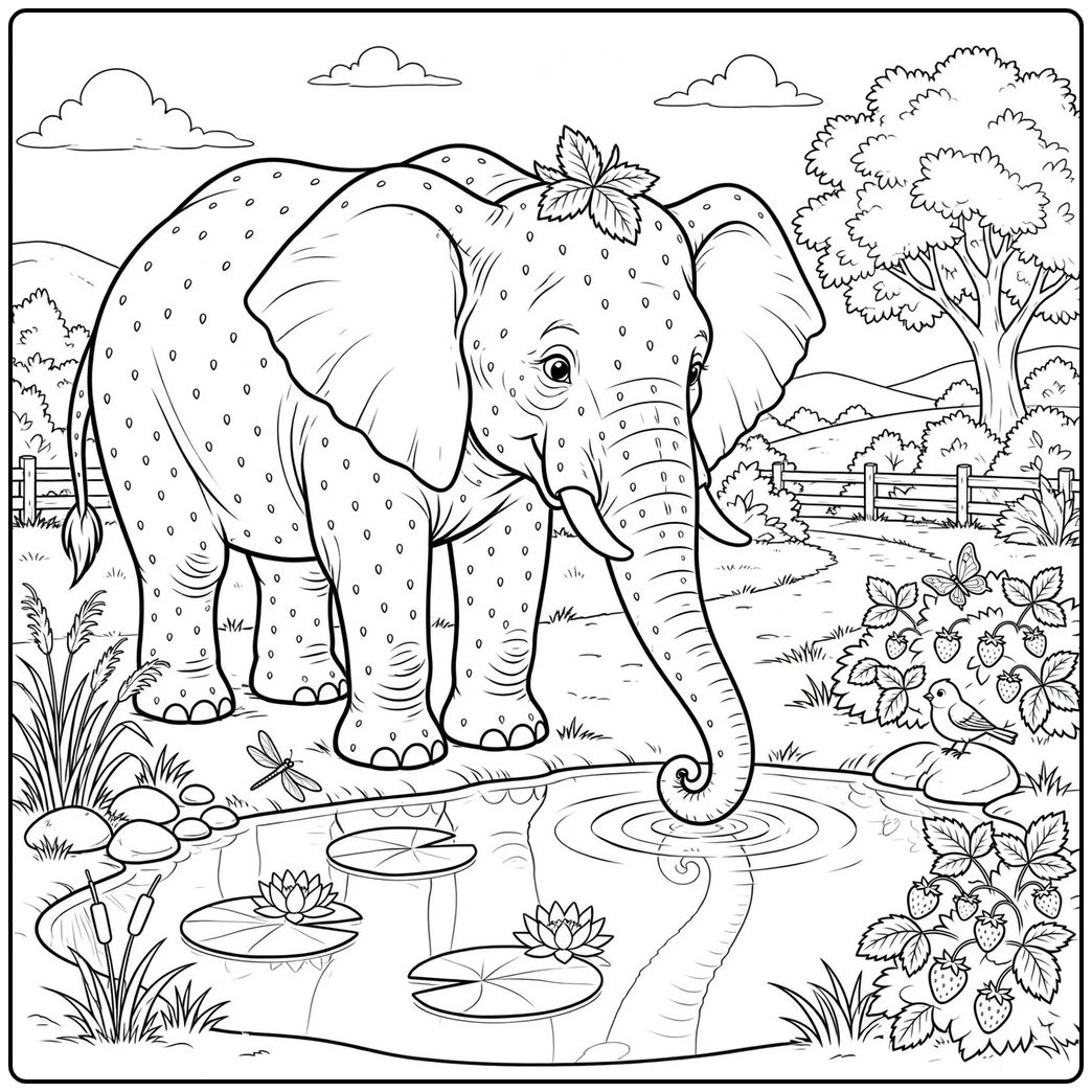 A realistic Strawberry Elephant drinks from a pond beside lilies, berries, and a small bird