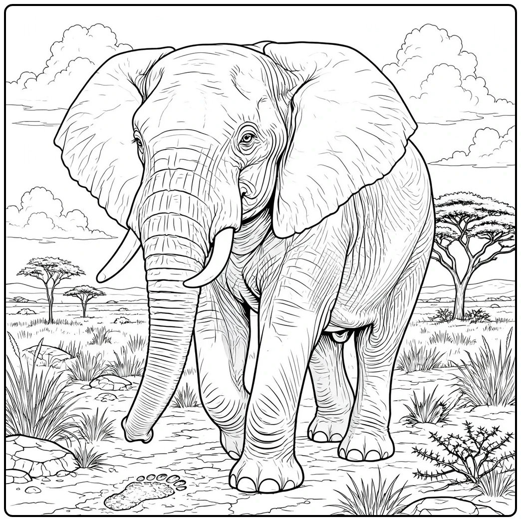 Realistic elephant coloring page with a large elephant walking across open savanna