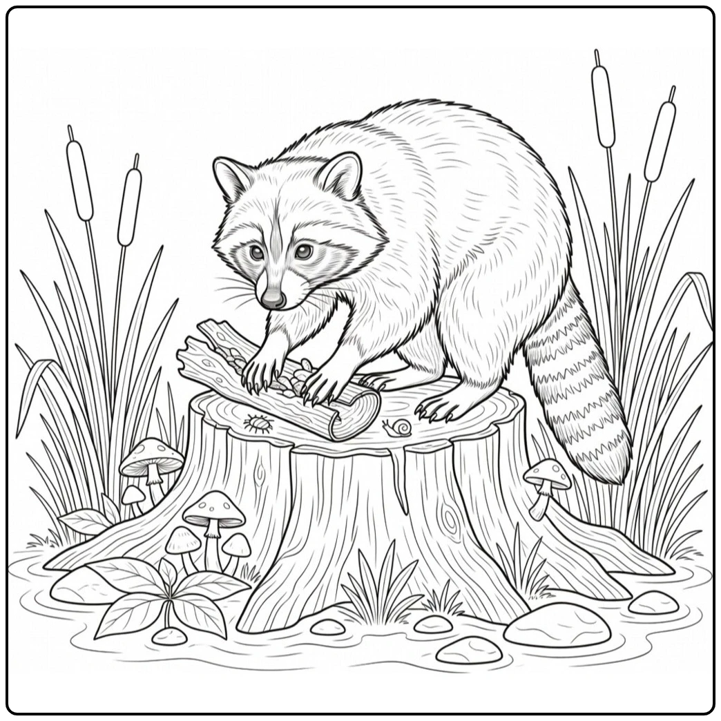 Realistic raccoon lifts loose bark on a stump in a wetland clearing
