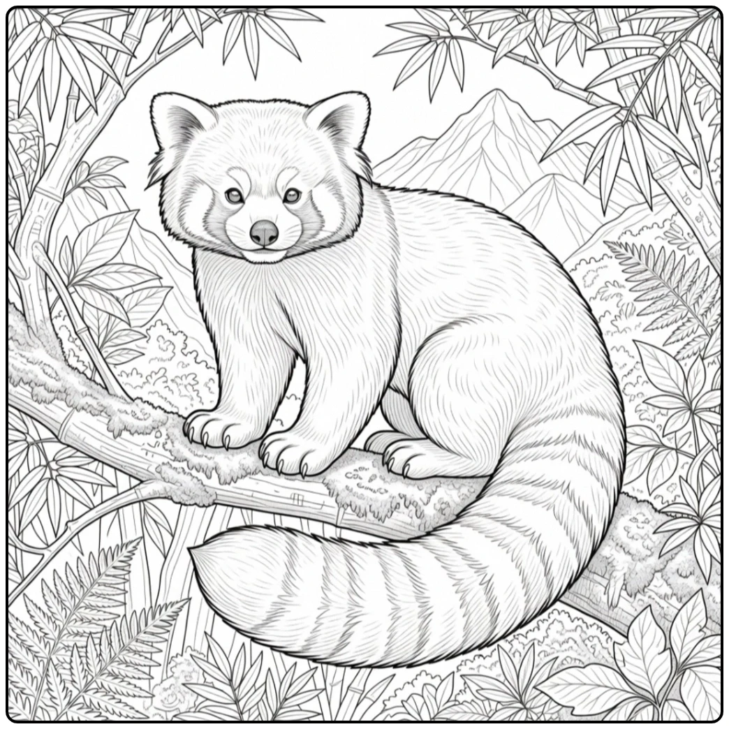 Realistic red panda resting on a mossy branch with bamboo and mountains behind