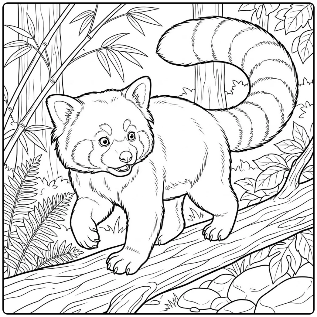 Realistic red panda walking along a tree branch through bamboo and forest plants