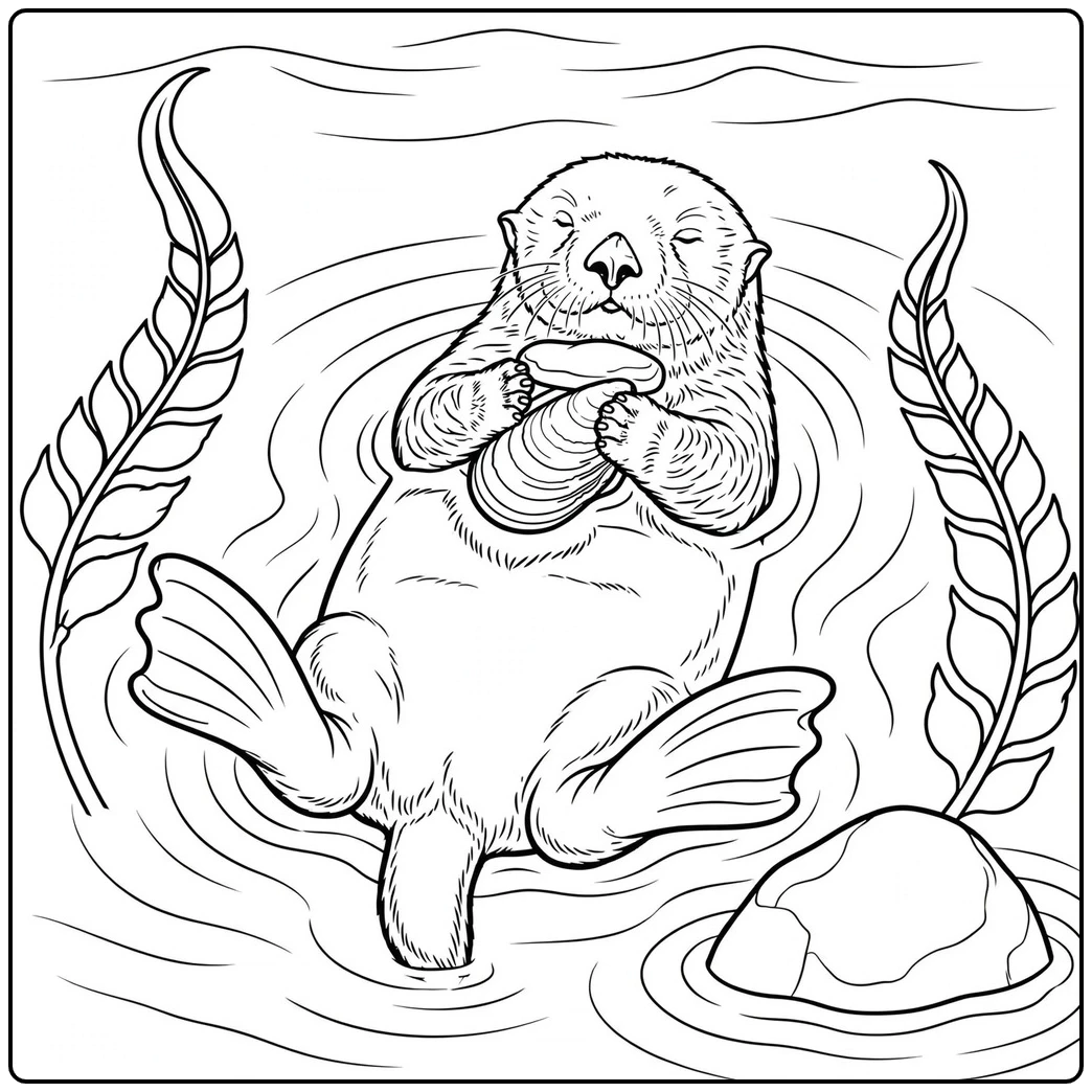 Sea otter holding shellfish in this realistic sea otter coloring page among kelp.