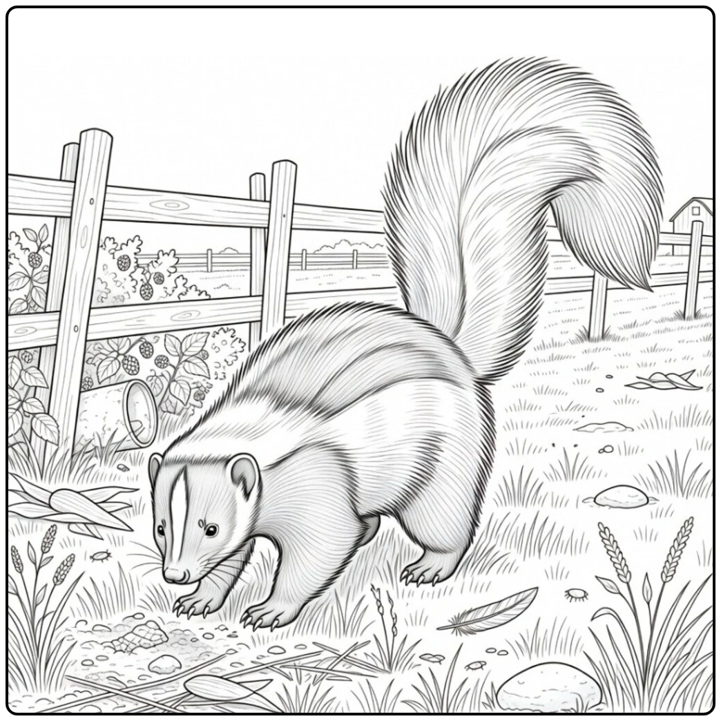 Realistic striped skunk explores a farm edge beside a wooden fence and berry bushes