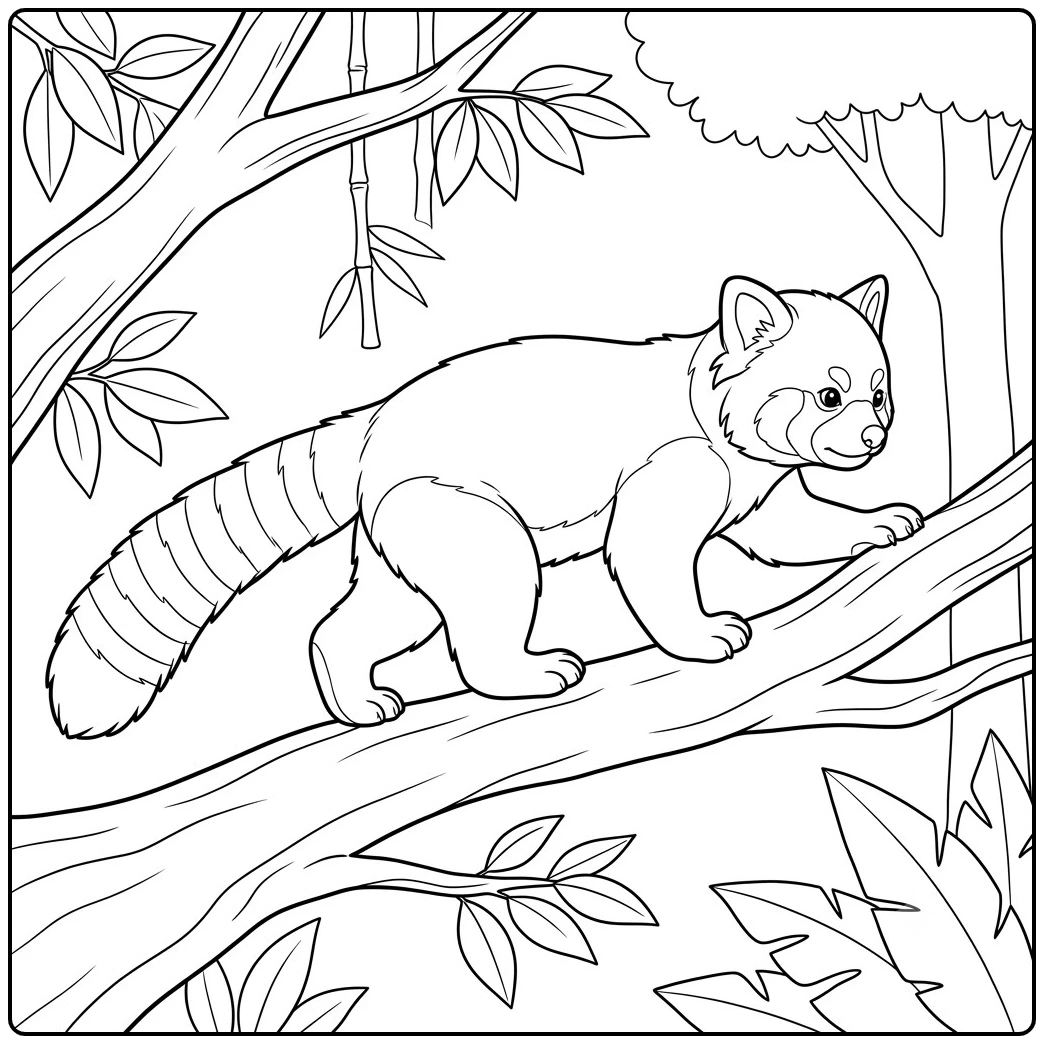 Alert red panda walks carefully along a broad tree branch surrounded by forest leaves