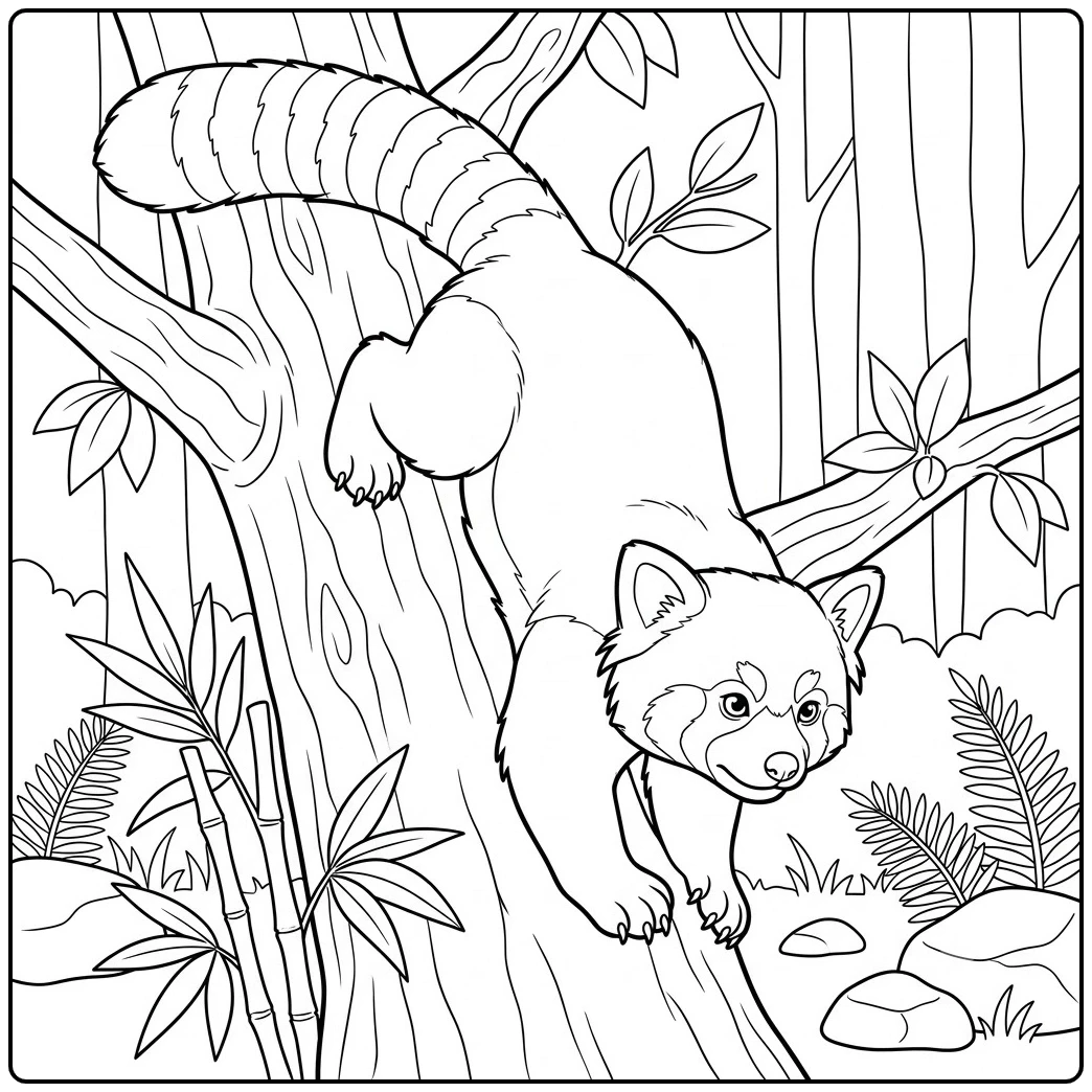 Red panda climbs headfirst down a trunk in a red panda forest and tree coloring page