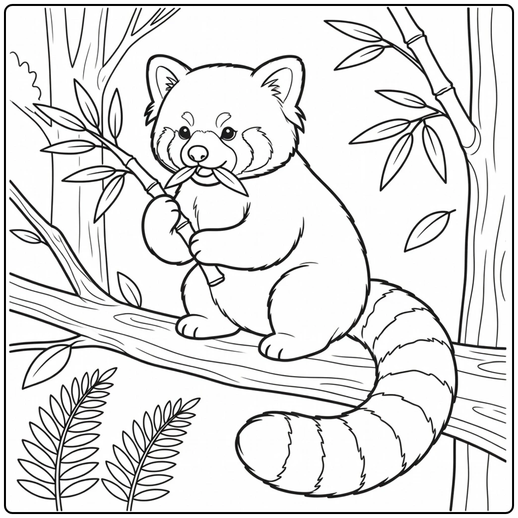 Red panda eating bamboo leaves while sitting on a branch with its ringed tail below