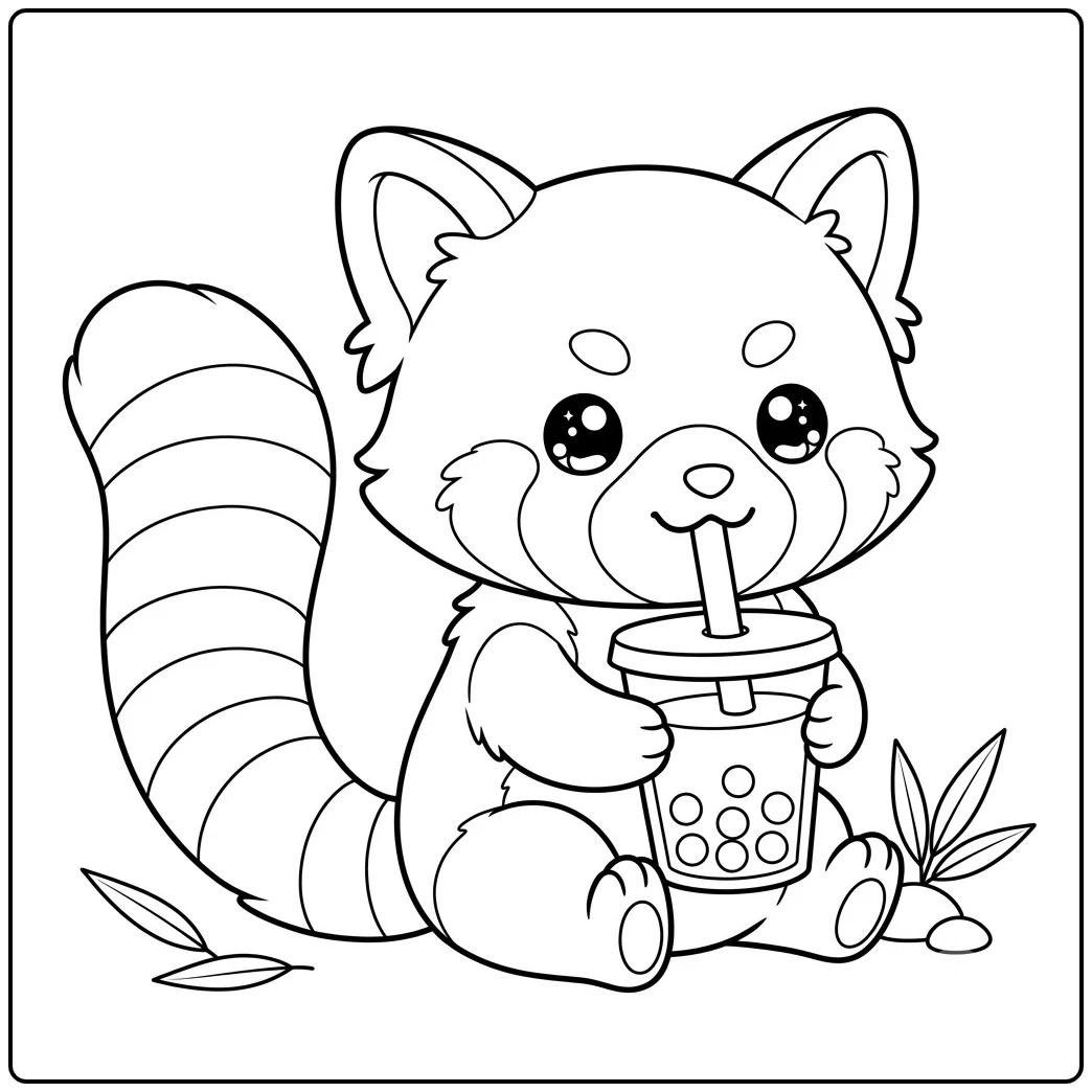 Sweet red panda sipping boba while sitting beside leaves and small stones