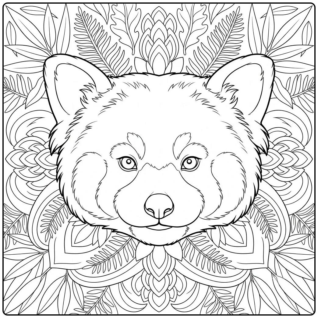 Red panda face centered within a symmetrical botanical mandala of leaves and ferns