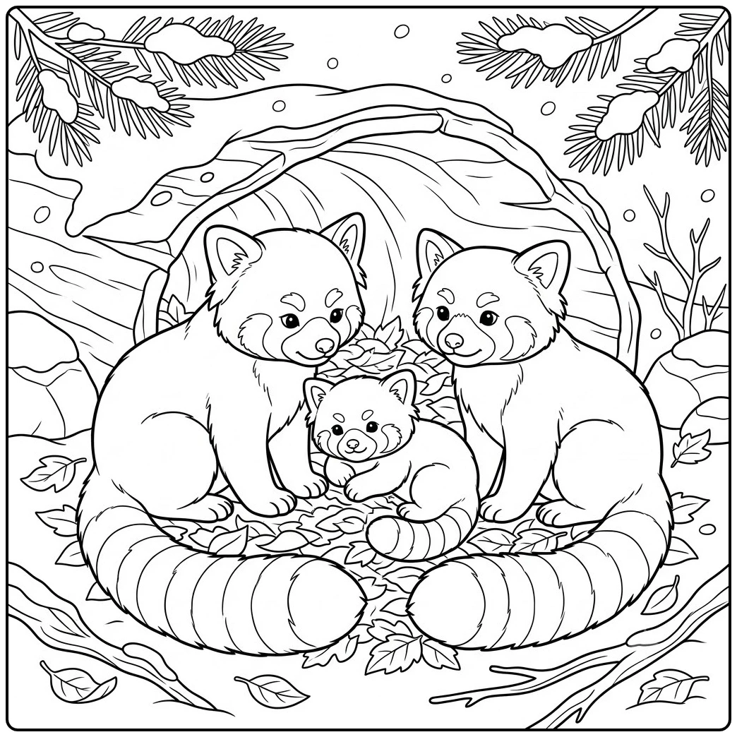 Red panda family gathered beside a hollow log with a young cub in the center