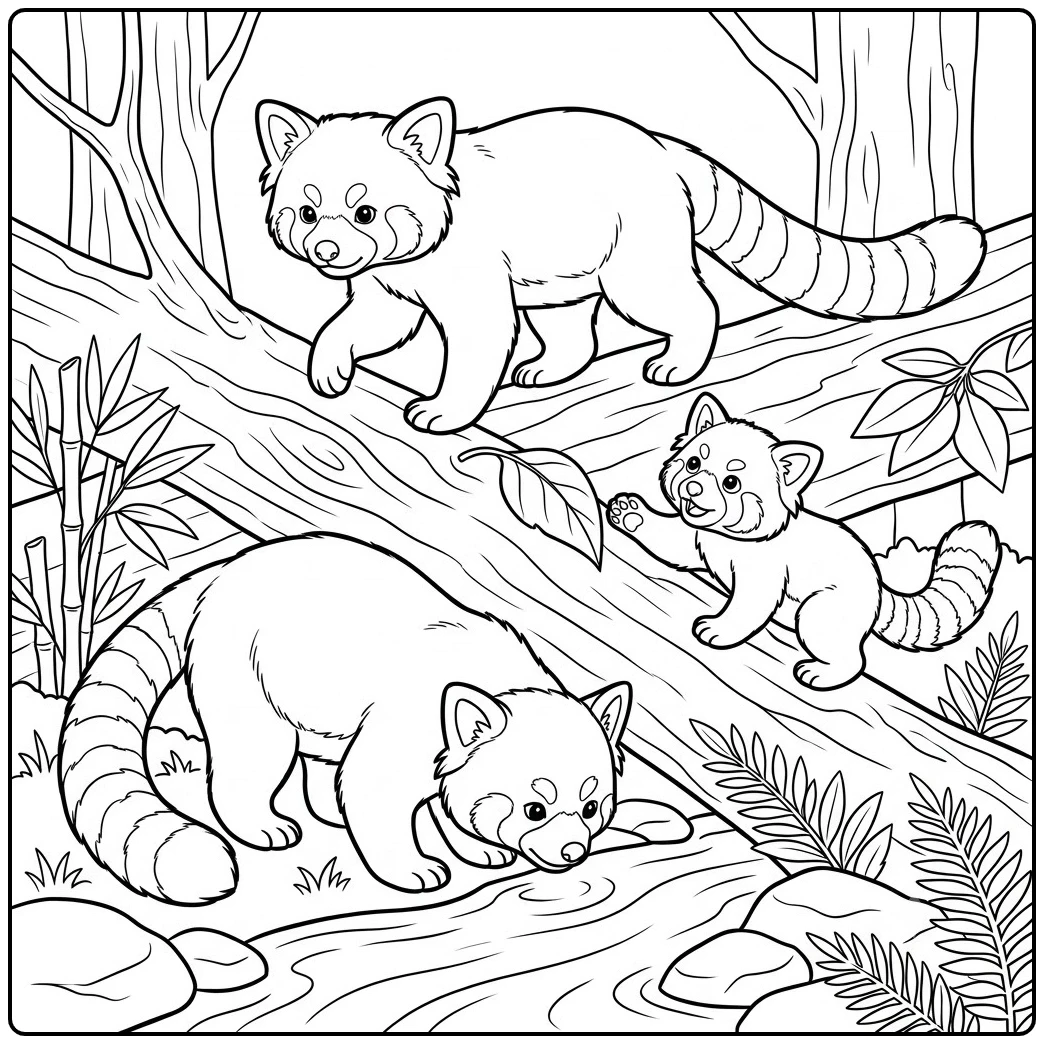 Three red pandas explore branches and a shallow stream among forest plants and rocks