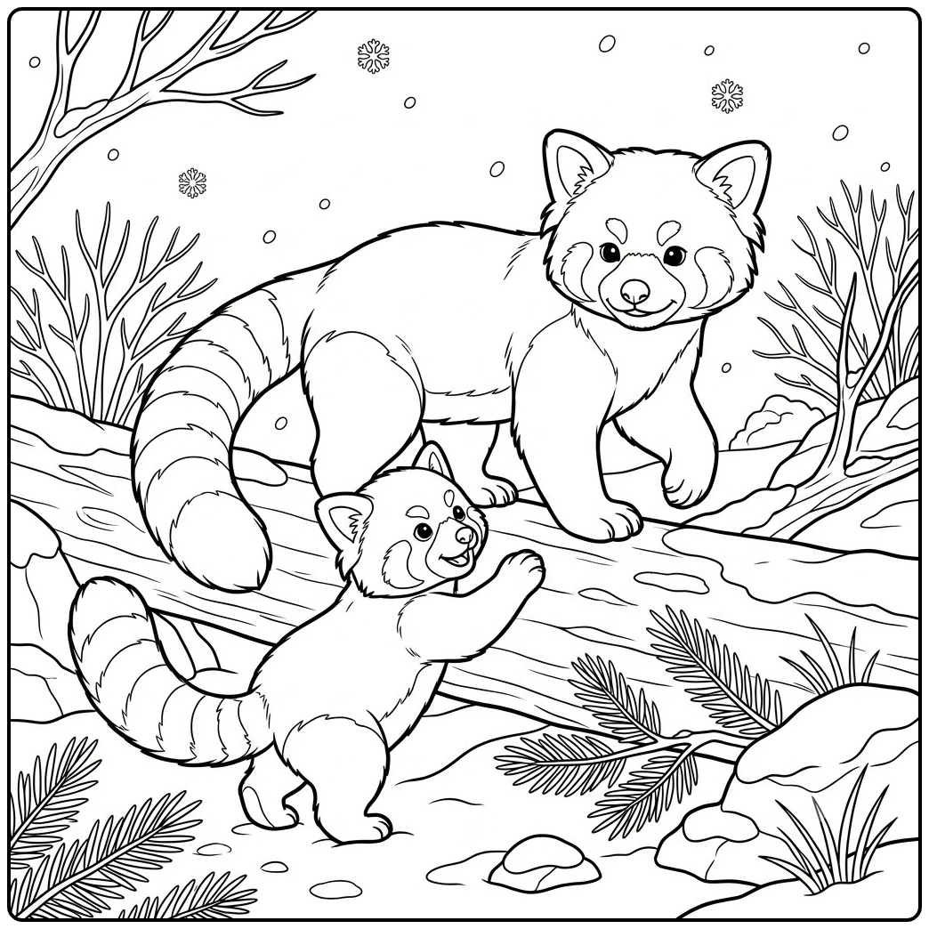 Snowy woods in a baby red panda and family coloring page with an adult and cub near a log