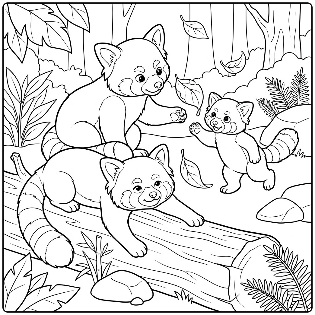 Three red pandas gather around a fallen log as leaves drift through the forest