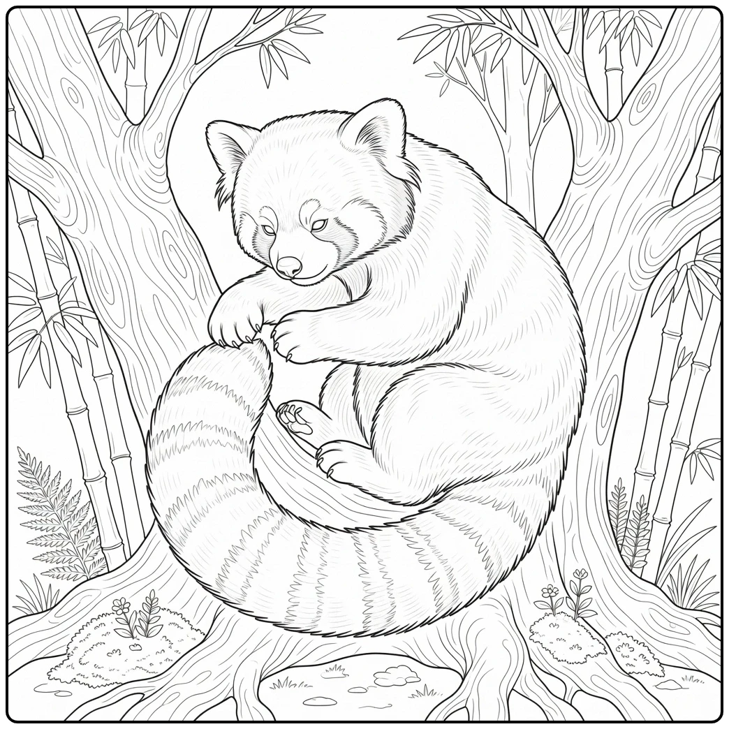 Realistic red panda grooming its ringed tail while curled between large tree trunks