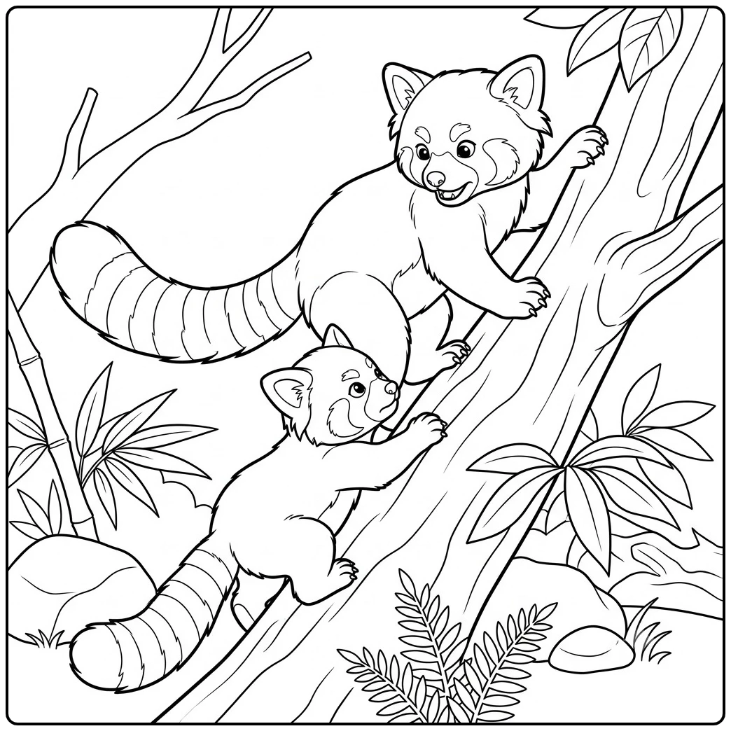 Adult red panda climbs above a smaller cub on a slanted tree trunk among forest plants