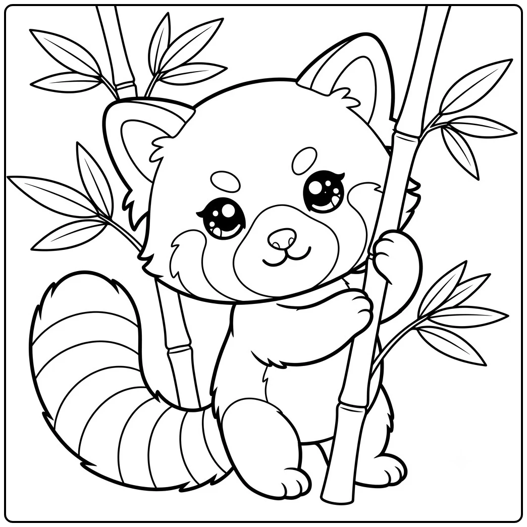 Red panda hugging bamboo in a cute and kawaii red panda coloring page
