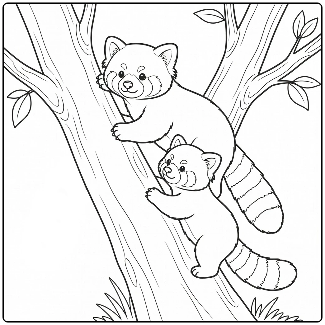 Mother and young red panda climbing together on a broad slanted tree trunk