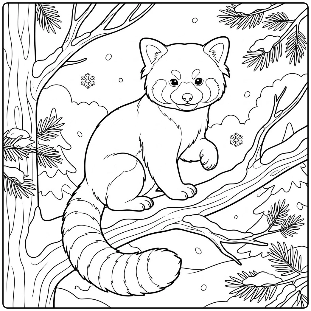 Red panda coloring page with a fluffy panda perched on a snowy tree branch
