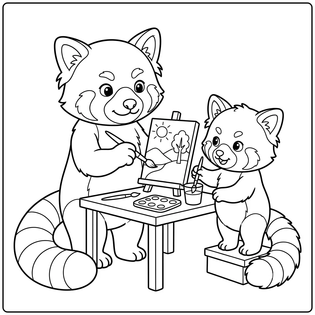 Adult red panda paints a landscape while a young cub holds a brush beside the table