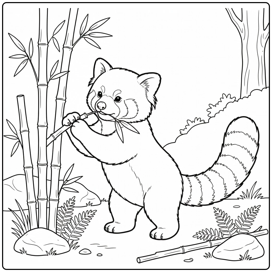 Red panda pulls a bamboo stalk toward its mouth beside rocks and forest ferns