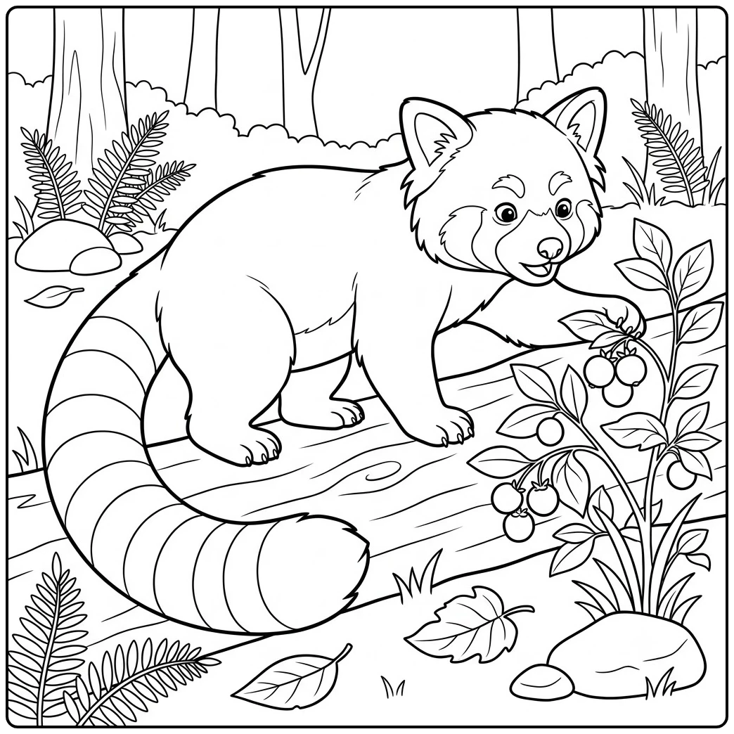 Red panda reaching for berries in a red panda eating and foraging coloring page