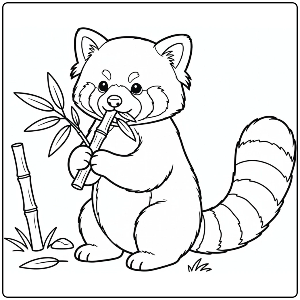 Seated animal nibbling bamboo in a simple red panda coloring page with a ringed tail