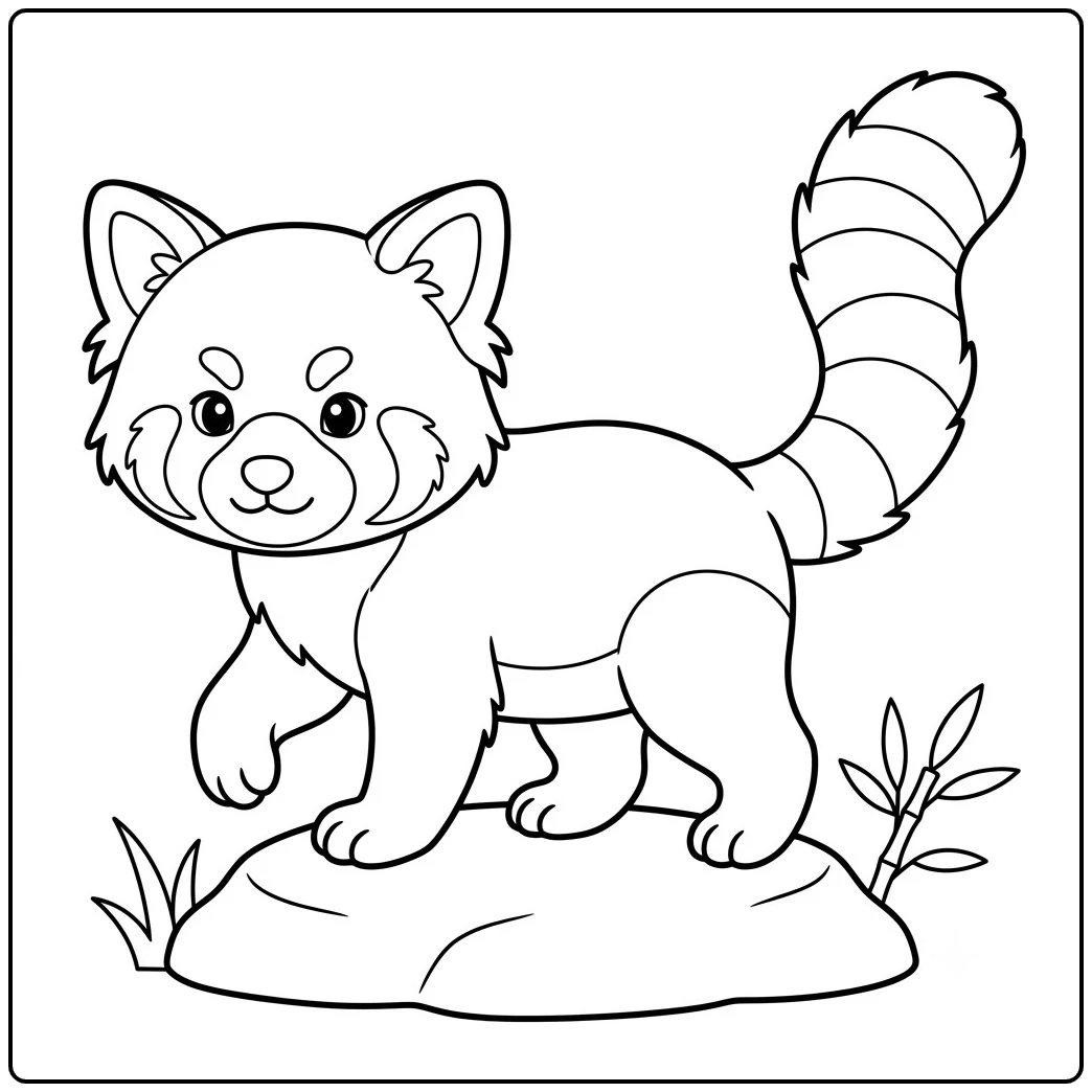 Walking red panda steps across a rock with its fluffy striped tail raised