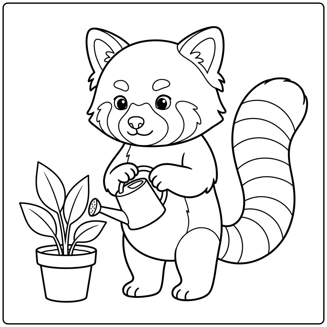 Red panda watering a plant in an easy red panda coloring page for kids
