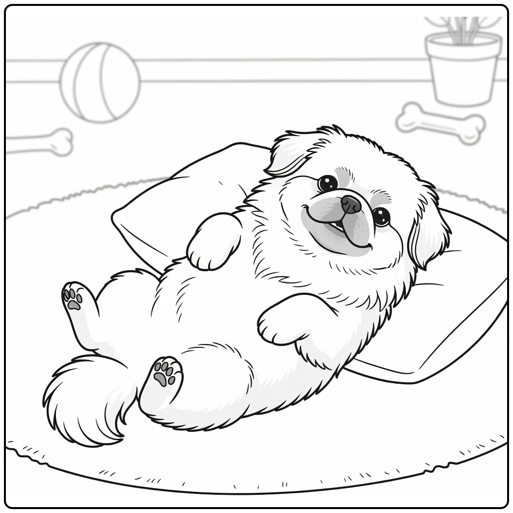 Belly-up Pekingese relaxing on a cushion with raised paws in a cozy room