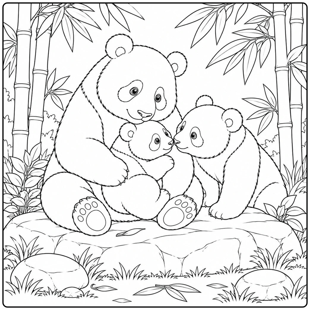 Big bear resting on a large stone holding a tiny cub as a second baby looks at them playfully.