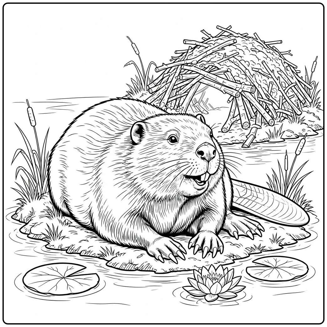 A large beaver rests on a grassy pond island with a lodge, reeds, and lily pads behind it.