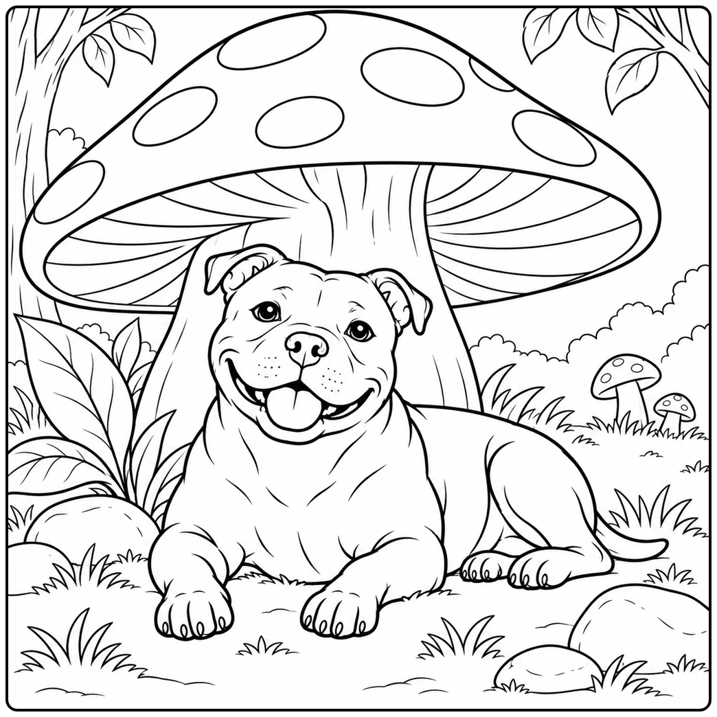 Smiling dog rests beneath a giant mushroom surrounded by broad leaves and smaller mushrooms