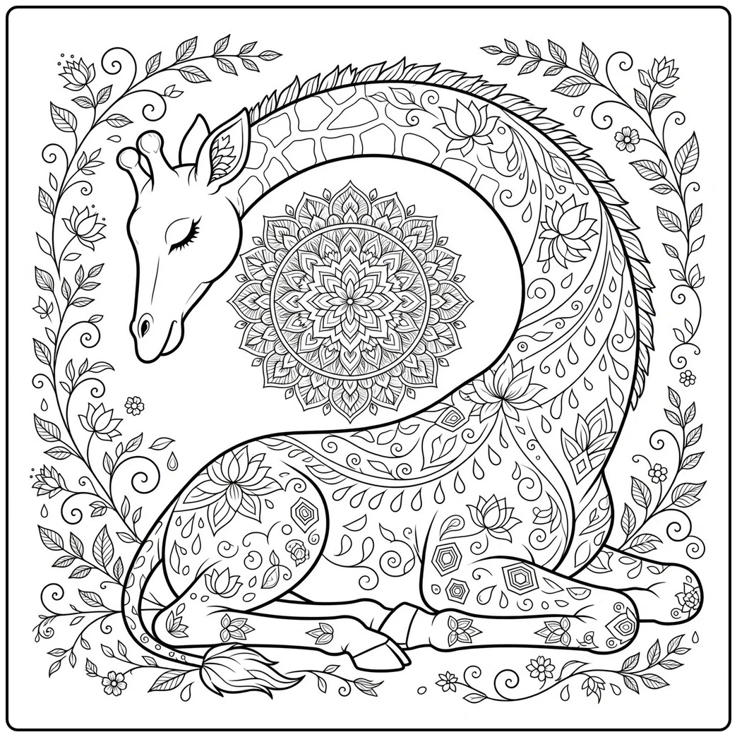 Resting giraffe curls around a central floral mandala with leaves and decorative patterns