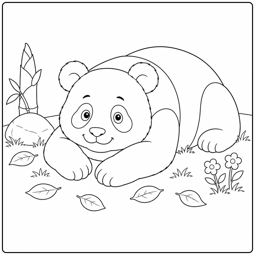 Resting panda lies on its belly among fallen leaves, flowers, and a bamboo shoot