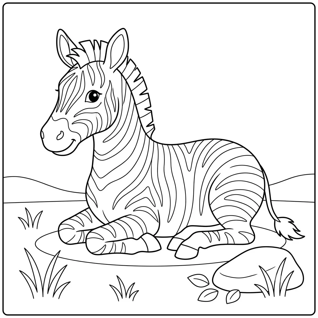 Resting zebra lies calmly on the ground near grass, rocks, and scattered leaves
