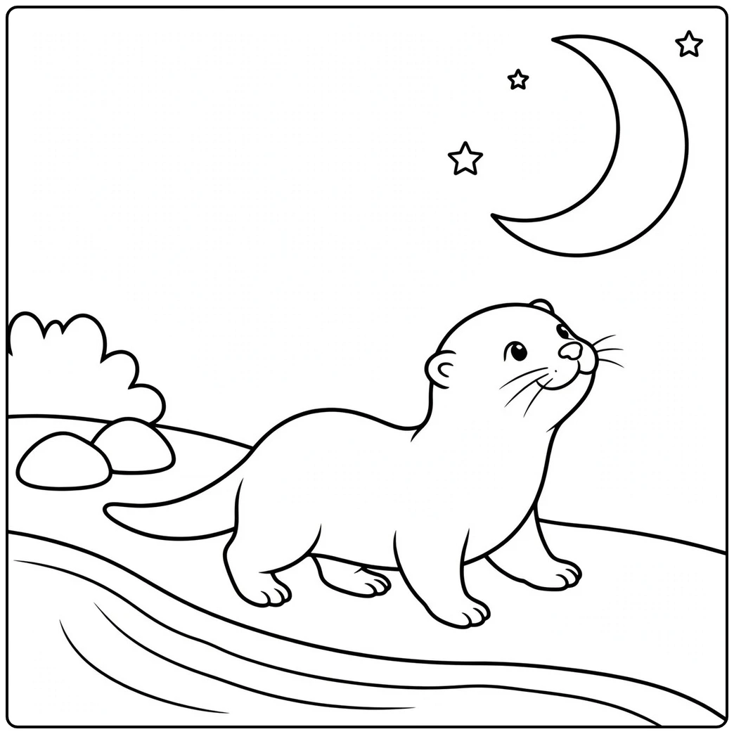 A river otter walks along a shoreline beneath a crescent moon and three stars.