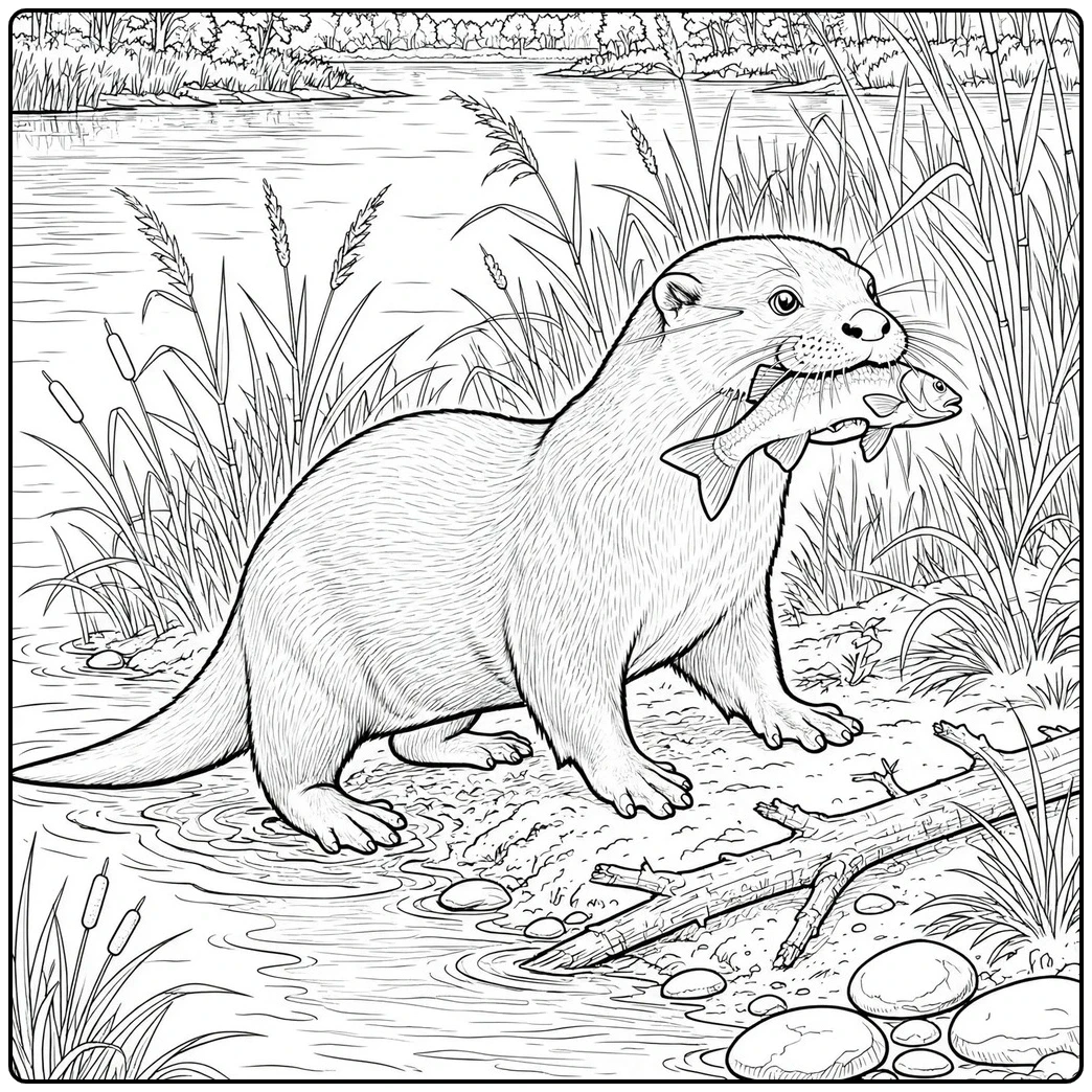 A river otter carries a fish in its mouth beside reeds and a wooded shoreline.