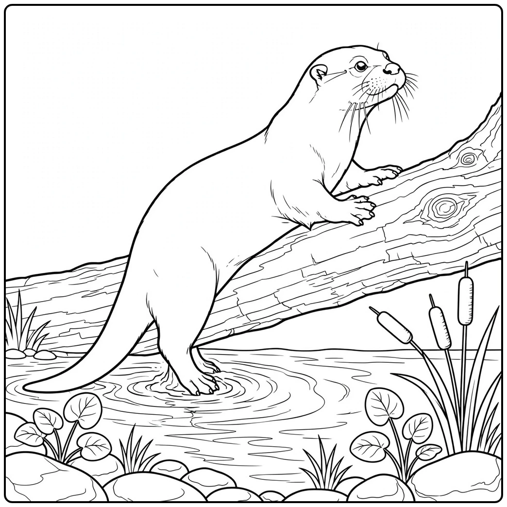An otter climbs a fallen log in this river otter coloring page beside cattails.