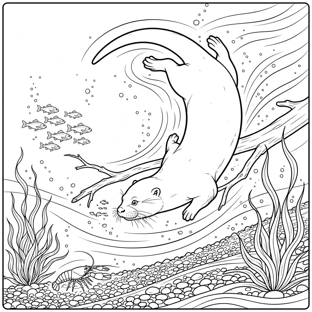 A river otter dives past a submerged branch toward fish above a rocky streambed.