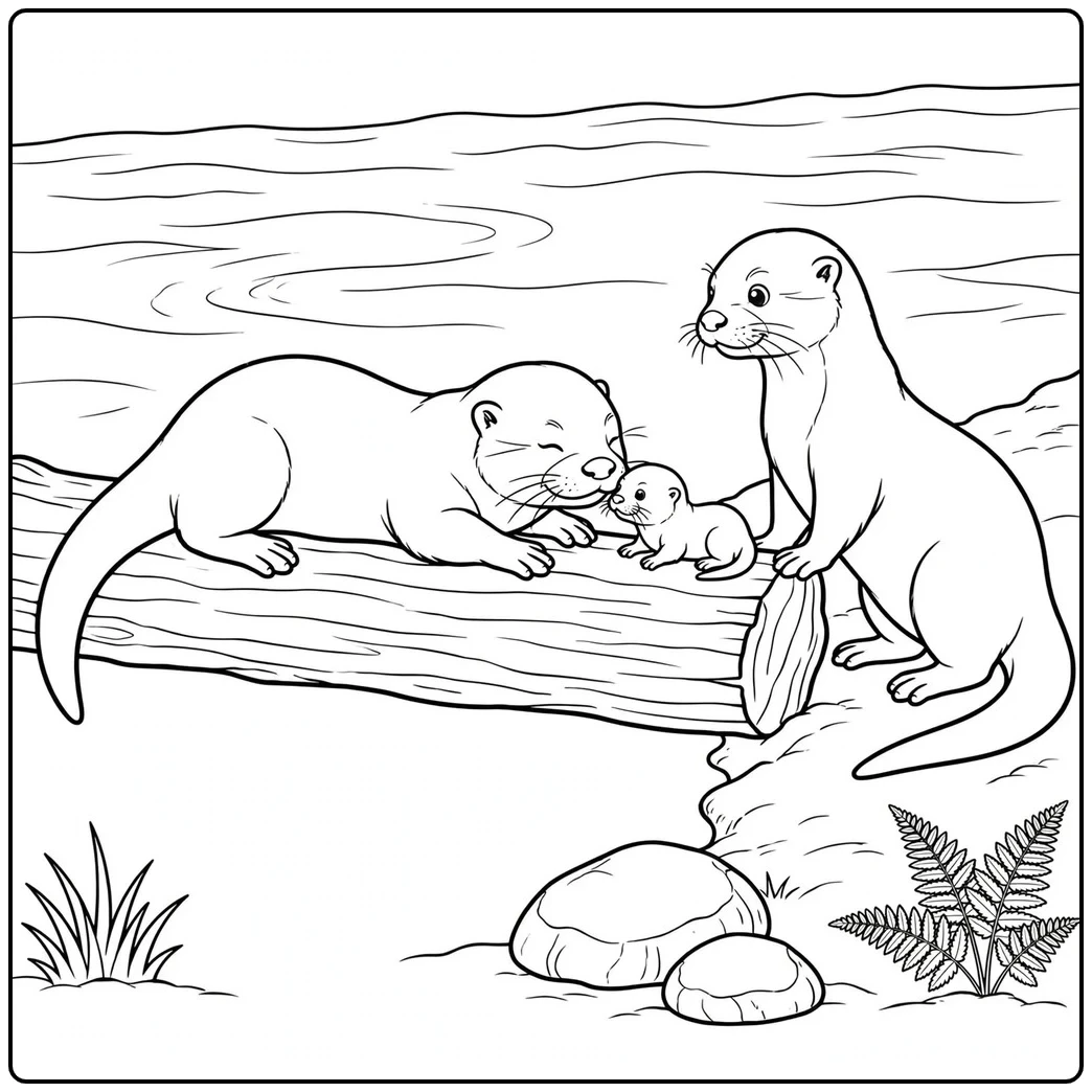 A parent gently nuzzles its newborn on a log while another otter watches nearby.