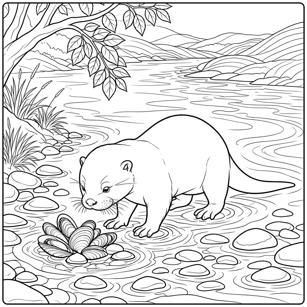 A river otter investigates freshwater mussels among stones in a winding stream.