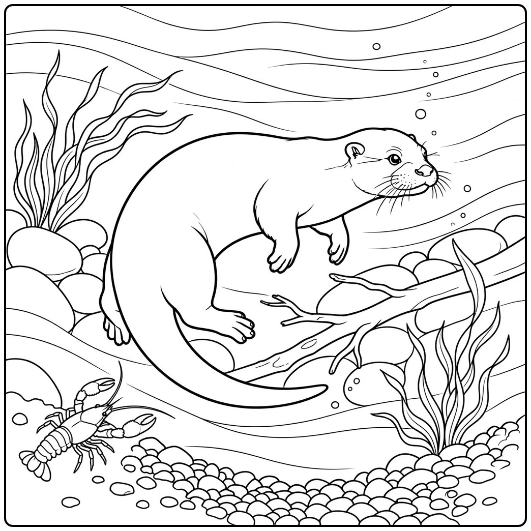 A river otter swims underwater past a fallen branch and crayfish on the streambed.