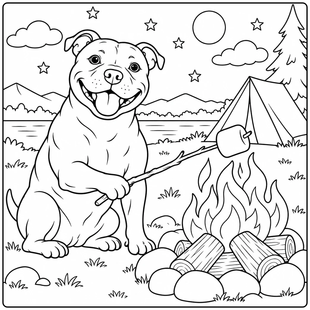 Happy Staffordshire Bull Terrier roasting a marshmallow beside a large campfire and tent