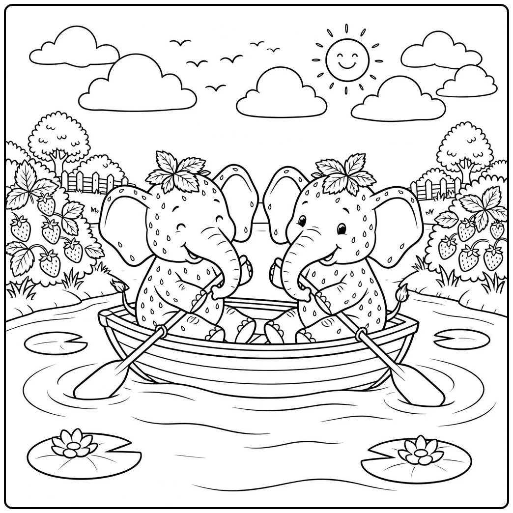 Two friends row a pond boat in this strawberry elephant coloring page with lilies and fruit