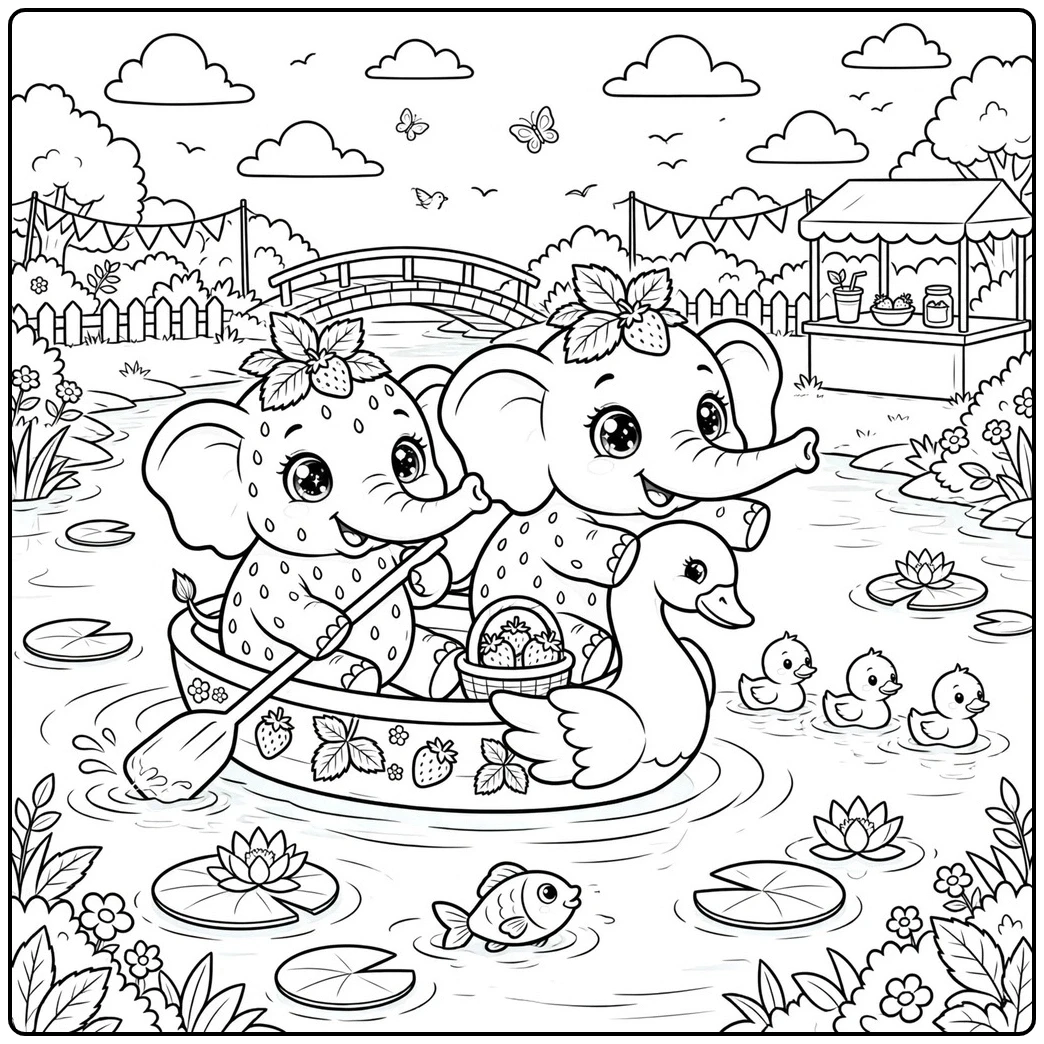 Two Strawberry Elephants paddle beside a swan family through a lily-covered garden pond