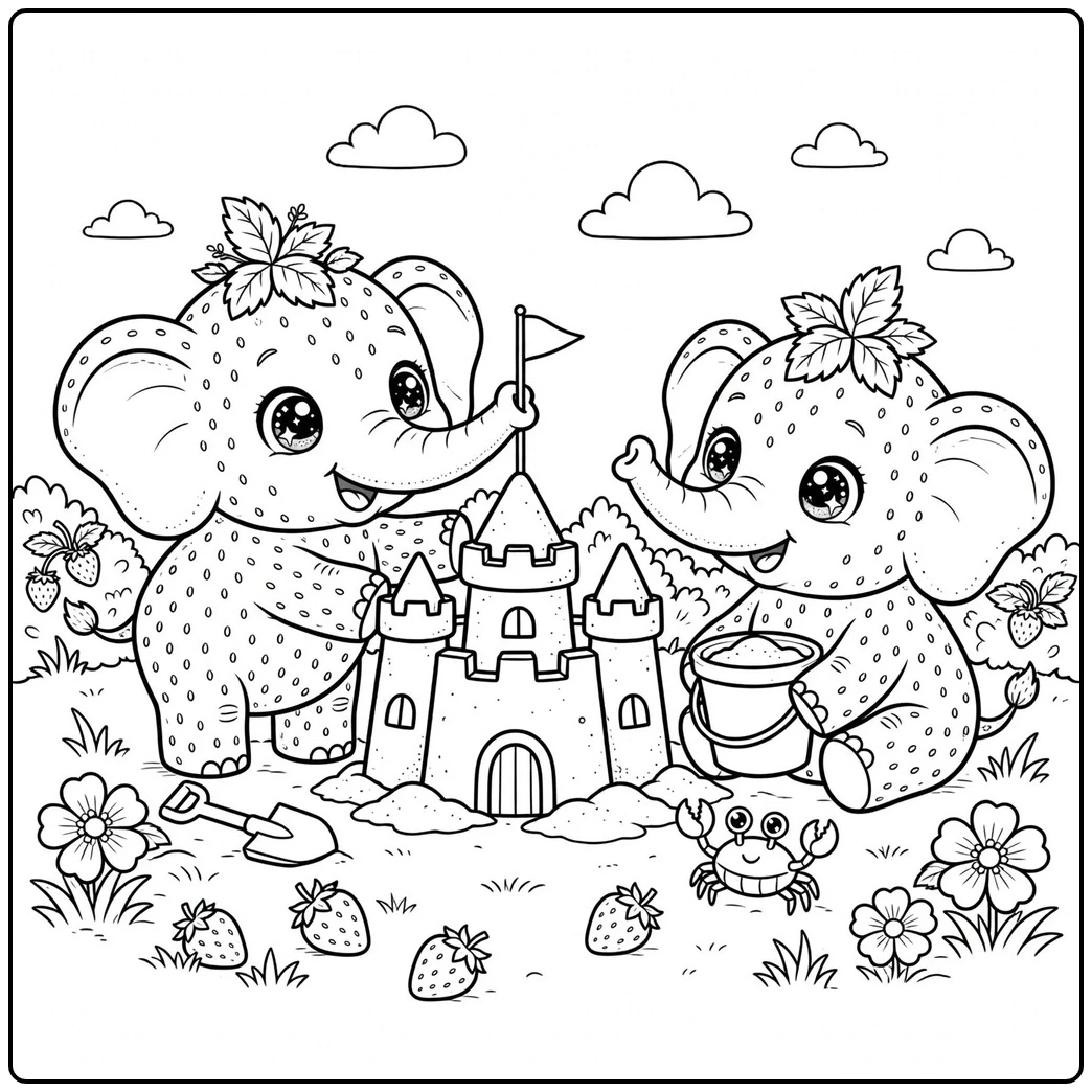 Sandcastle fun shapes this strawberry elephant coloring page with two friends and a crab