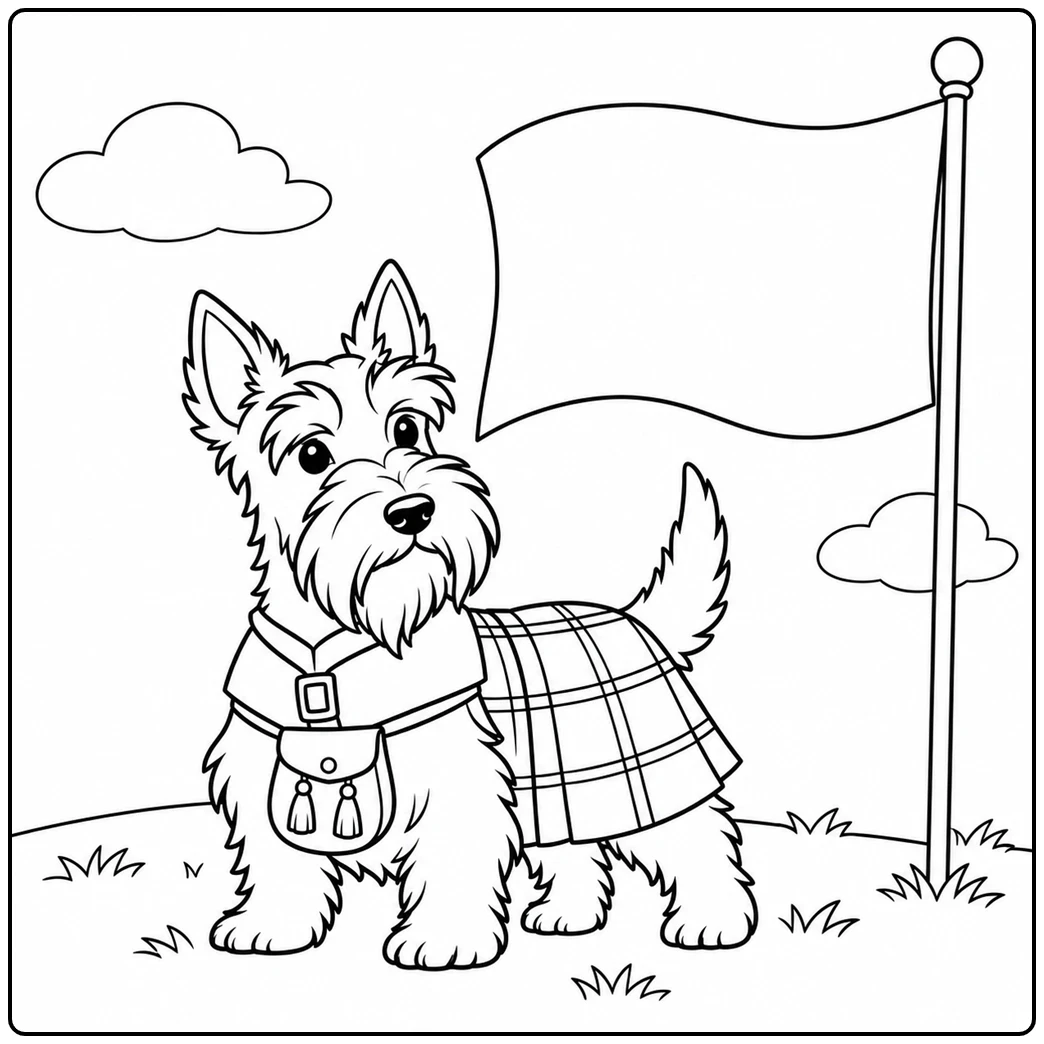Scottie Dog wearing a tartan kilt stands proudly beside a large blank flag