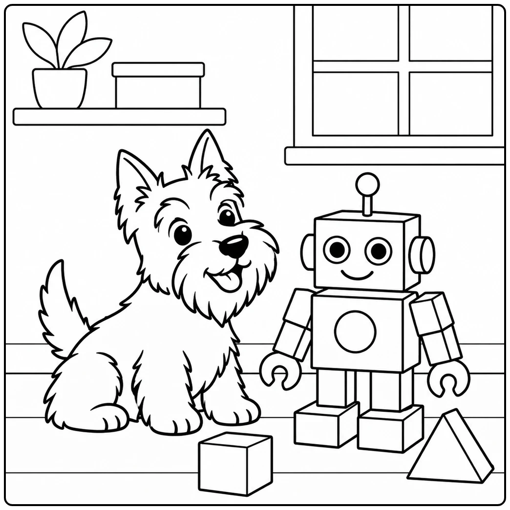 A block-built toy robot stands beside a smiling terrier in this scottie dog coloring page
