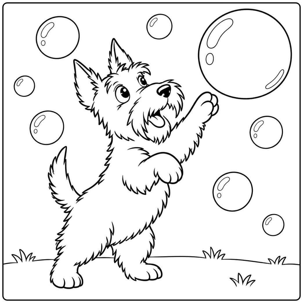Wide-eyed Scottie reaches for a giant soap bubble floating above the grass