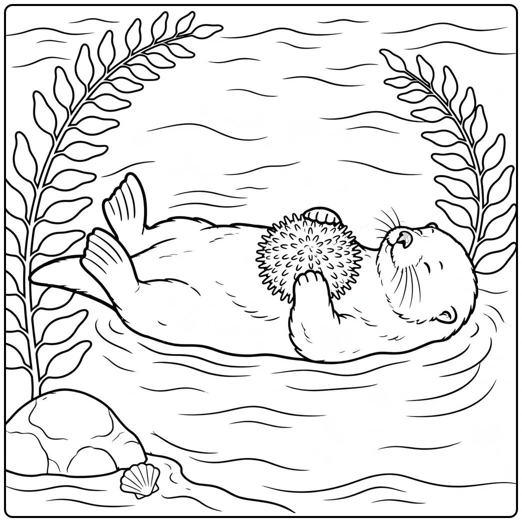 A sea otter holds a spiky urchin in an otter coloring page framed by kelp.