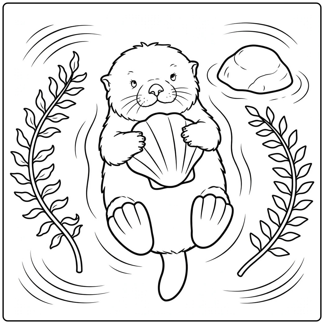 A sea otter pup floats with a shell among kelp in this baby otter coloring page.